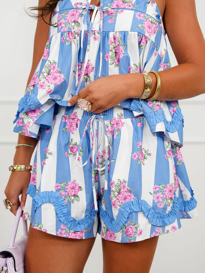 Stripe Floral Sleeveless Baby Doll Top and Shorts Set