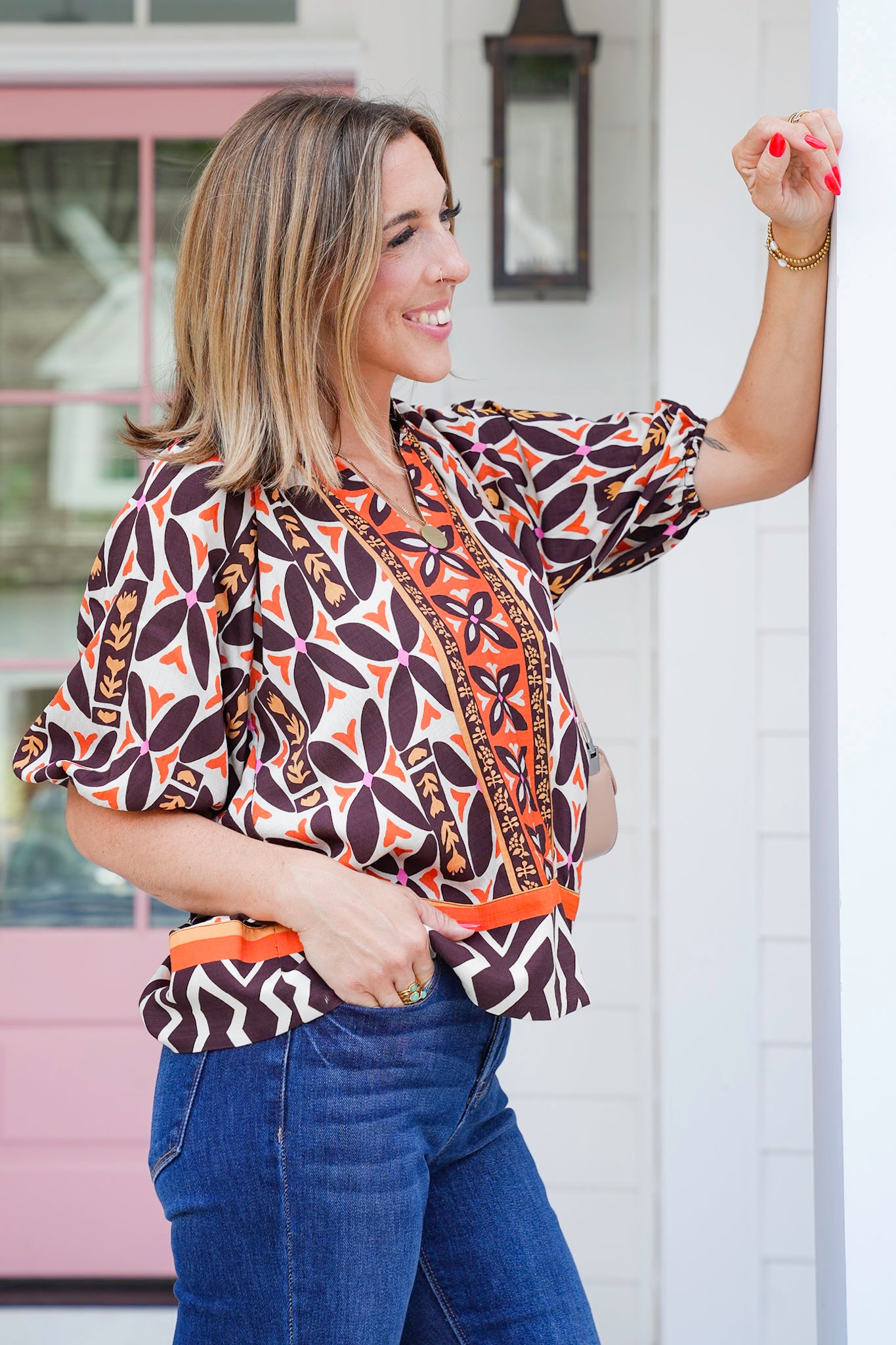 Floral Short Puff Sleeve V Neck Top