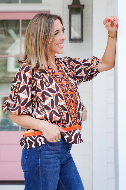 Floral Short Puff Sleeve V Neck Top