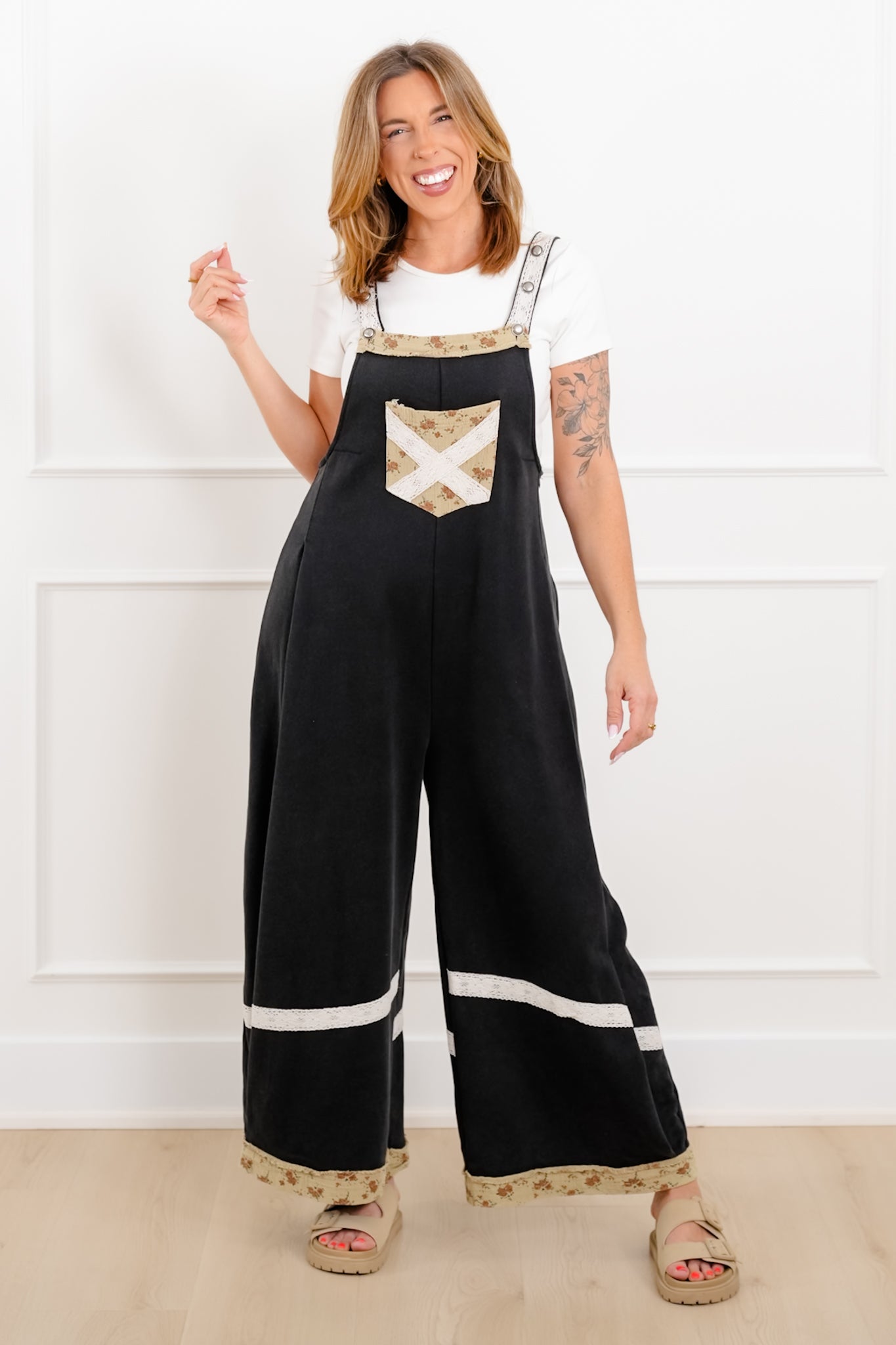POL Black Vintage Wide Leg Overalls With Patchwork