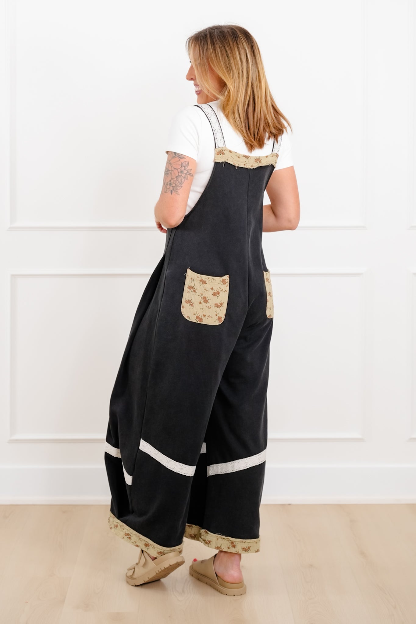 POL Black Vintage Wide Leg Overalls With Patchwork