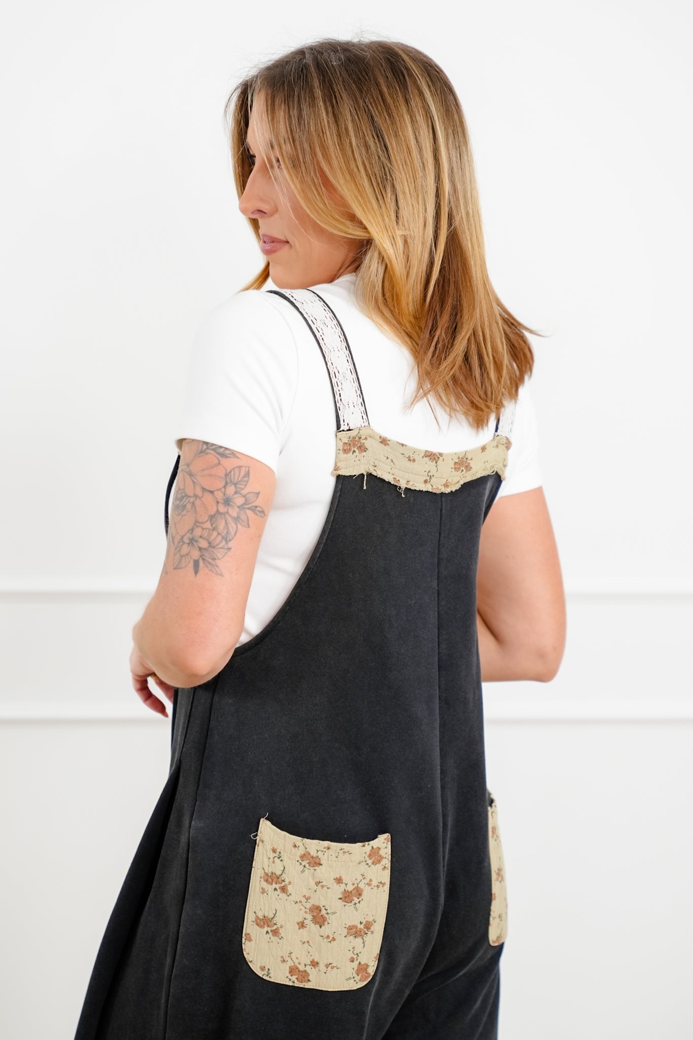 POL Black Vintage Wide Leg Overalls With Patchwork