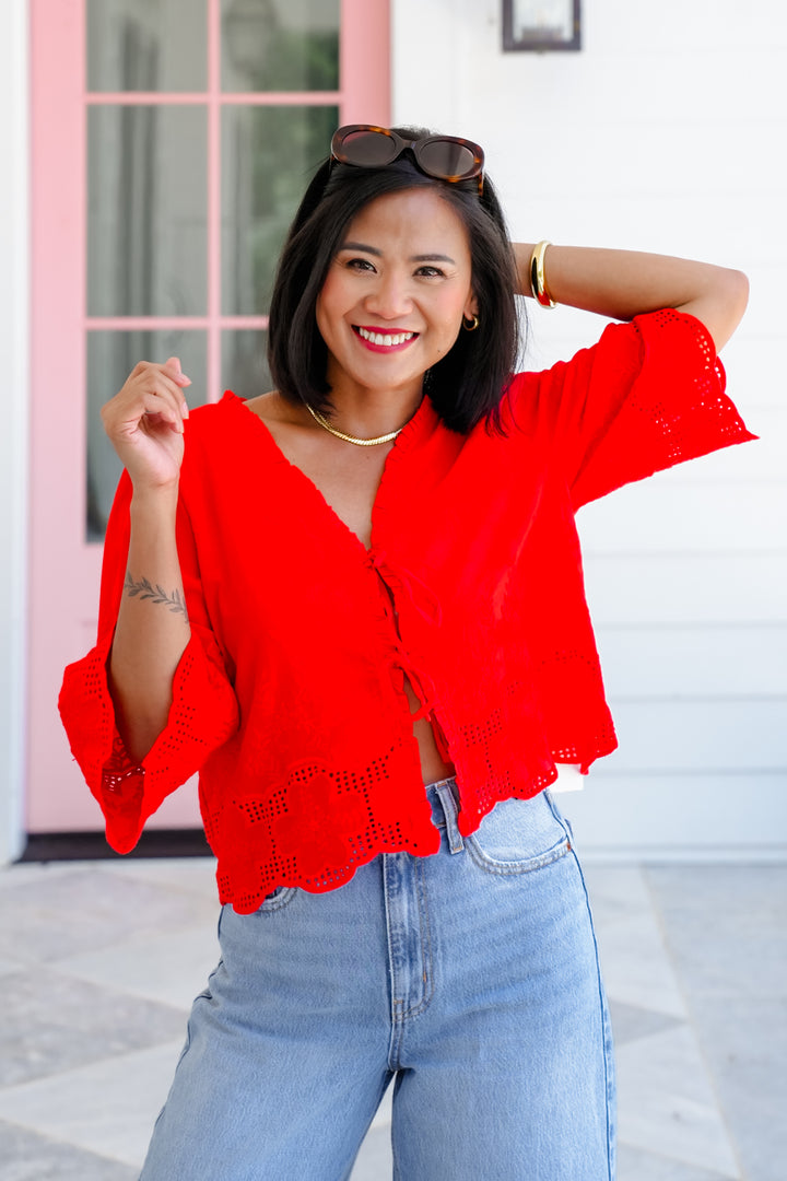 Floral Embroidery Short Sleeve Tie Front Top