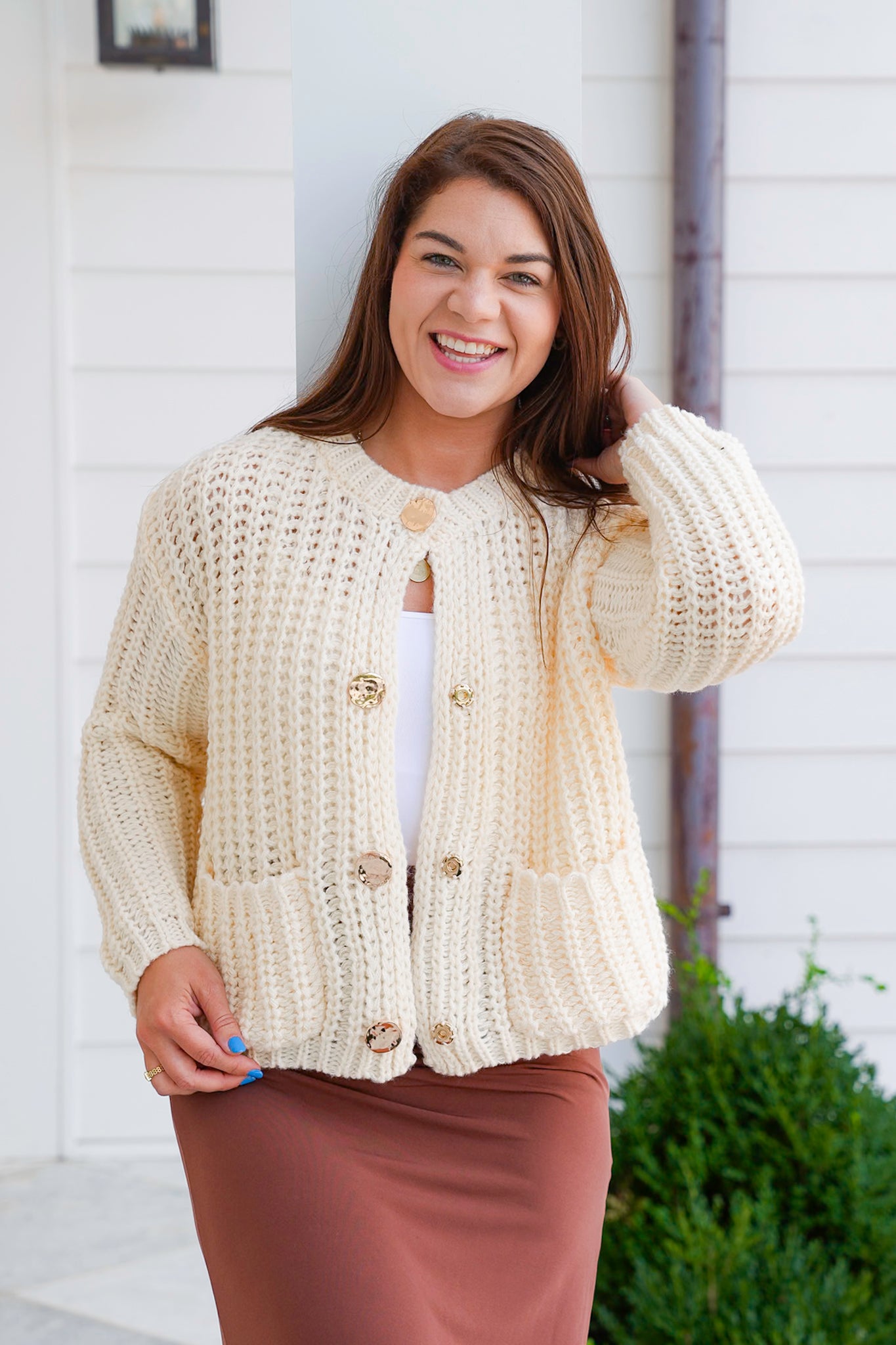 Chunky Knit Long Sleeve Cardigan with Metal Button Detail