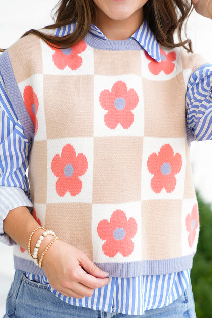 Sleeveless Sweater with Floral Checkered Print
