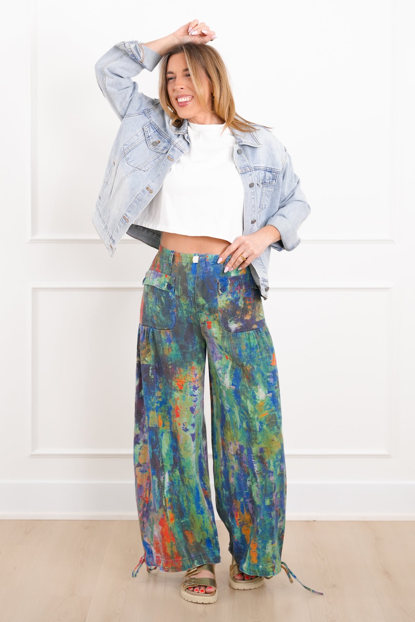 Plus/Reg Wash Painted High Waist Wide Leg Pants