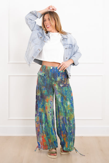 Plus/Reg Wash Painted High Waist Wide Leg Pants