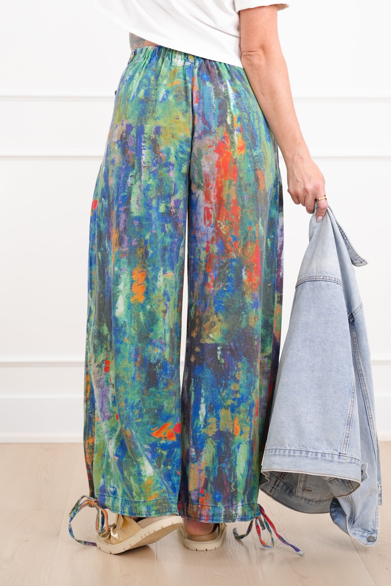 Plus/Reg Wash Painted High Waist Wide Leg Pants