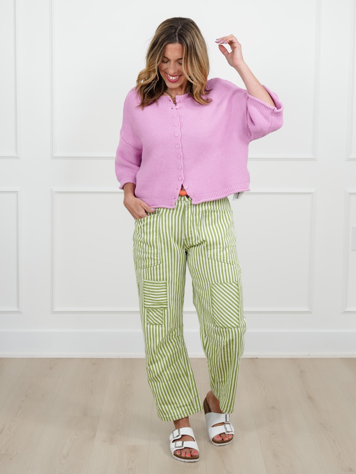 Textured 3/4 Sleeve Button Up Cardigan Sweater