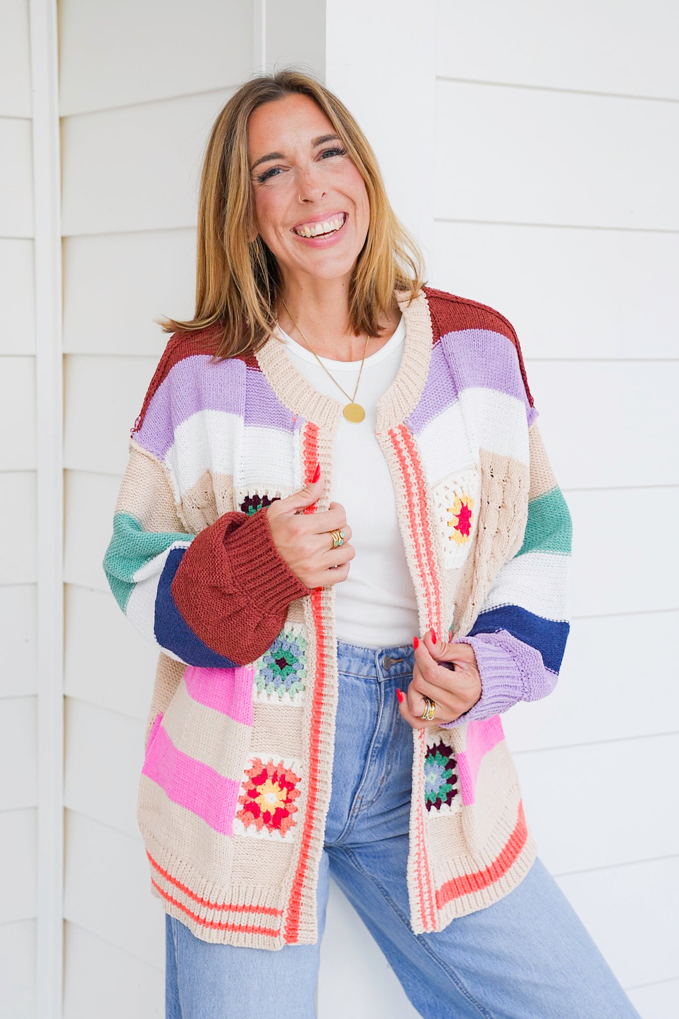 POL Stripe Long Sleeve Open Cardigan with Patch Detail