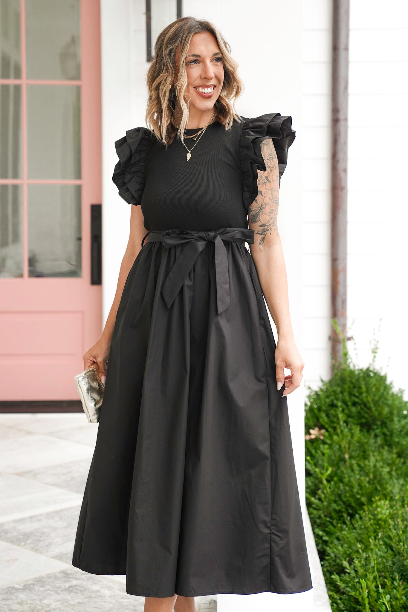 Black Ruffle Sleeve Midi Dress