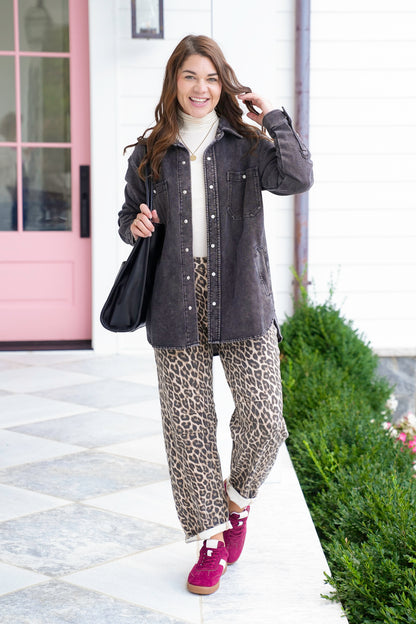 Plus/Reg Black Mineral Wash Long Sleeve Button Down Shacket