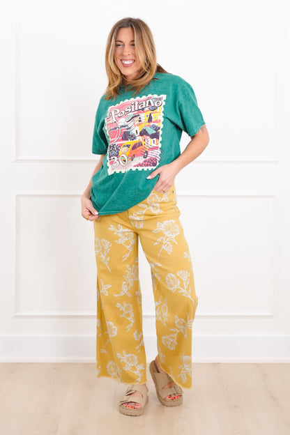 High Waist Floral Print Twill Pants