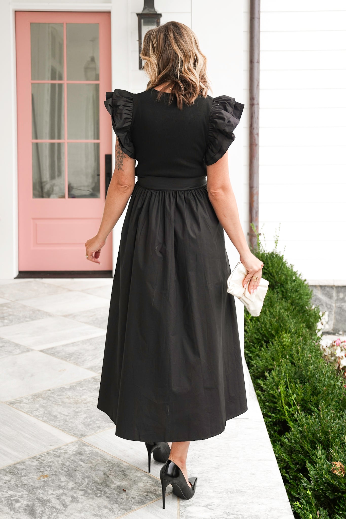 Black Ruffle Sleeve Midi Dress