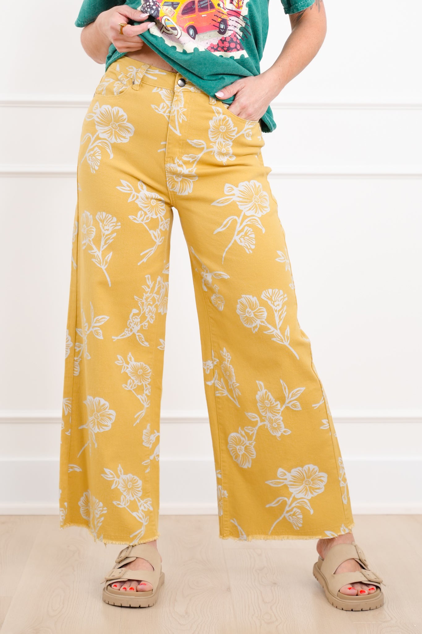 High Waist Floral Print Twill Pants