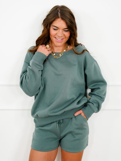 Door Buster! Zenana Fleece Boat Neck Sweatshirts and Shorts Set