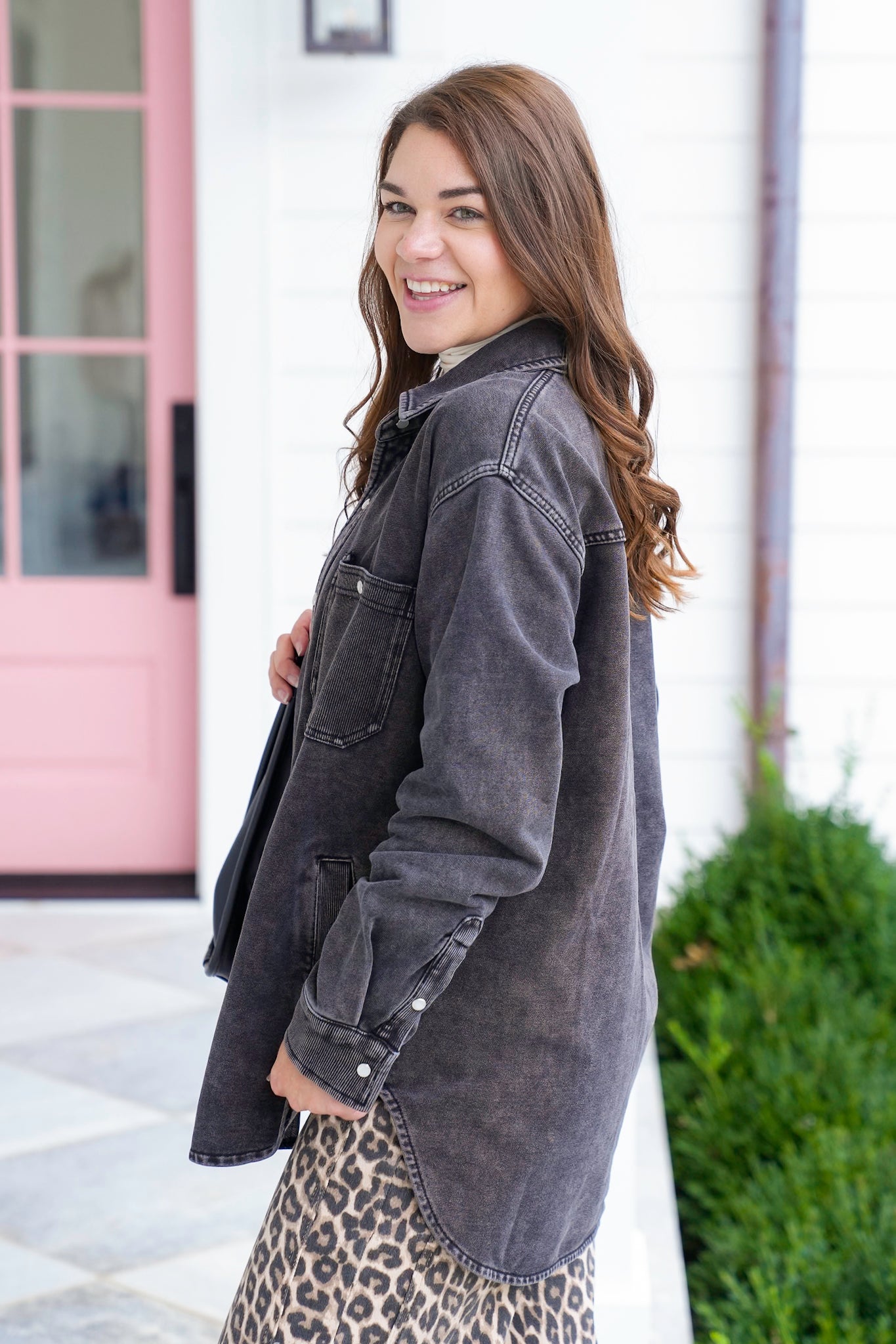 Plus/Reg Black Mineral Wash Long Sleeve Button Down Shacket
