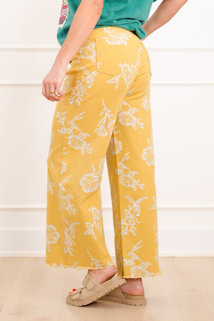 High Waist Floral Print Twill Pants