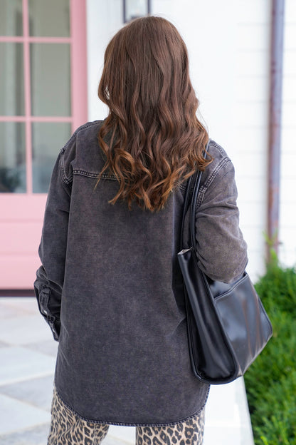 Plus/Reg Black Mineral Wash Long Sleeve Button Down Shacket