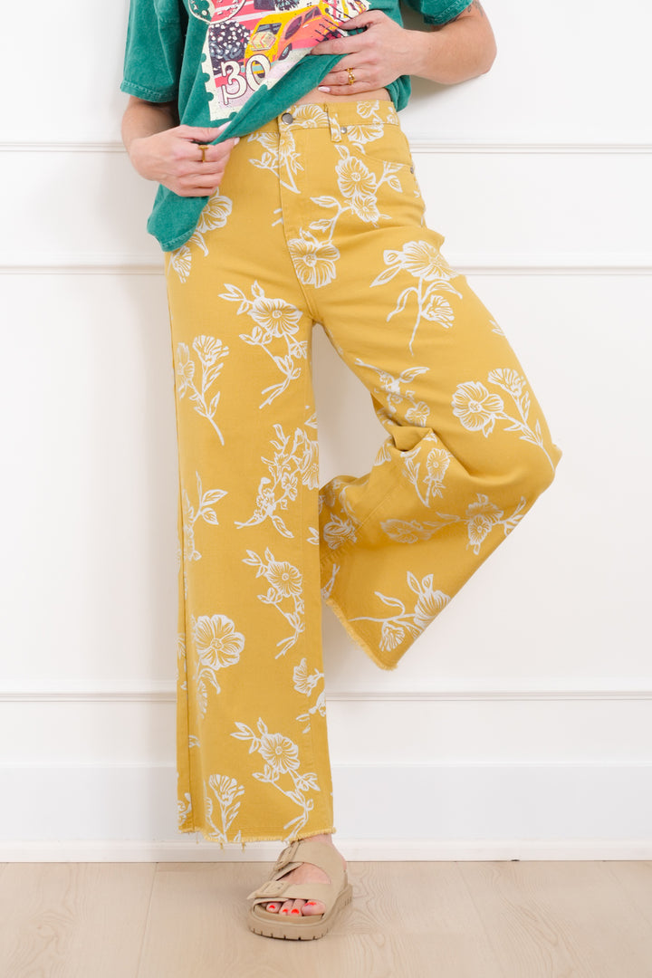 High Waist Floral Print Twill Pants