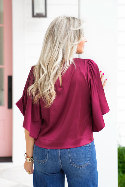 Satin Short Flutter Sleeves Top