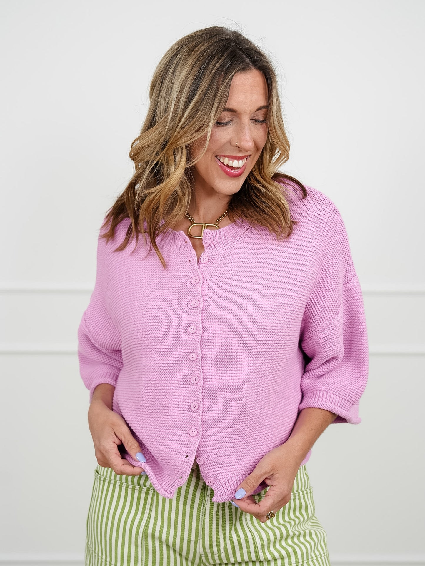 Textured 3/4 Sleeve Button Up Cardigan Sweater