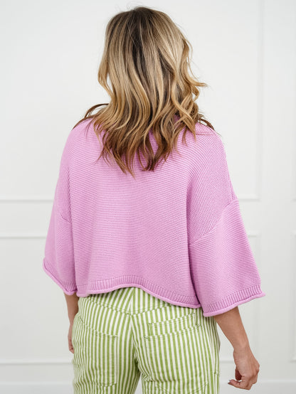 Textured 3/4 Sleeve Button Up Cardigan Sweater