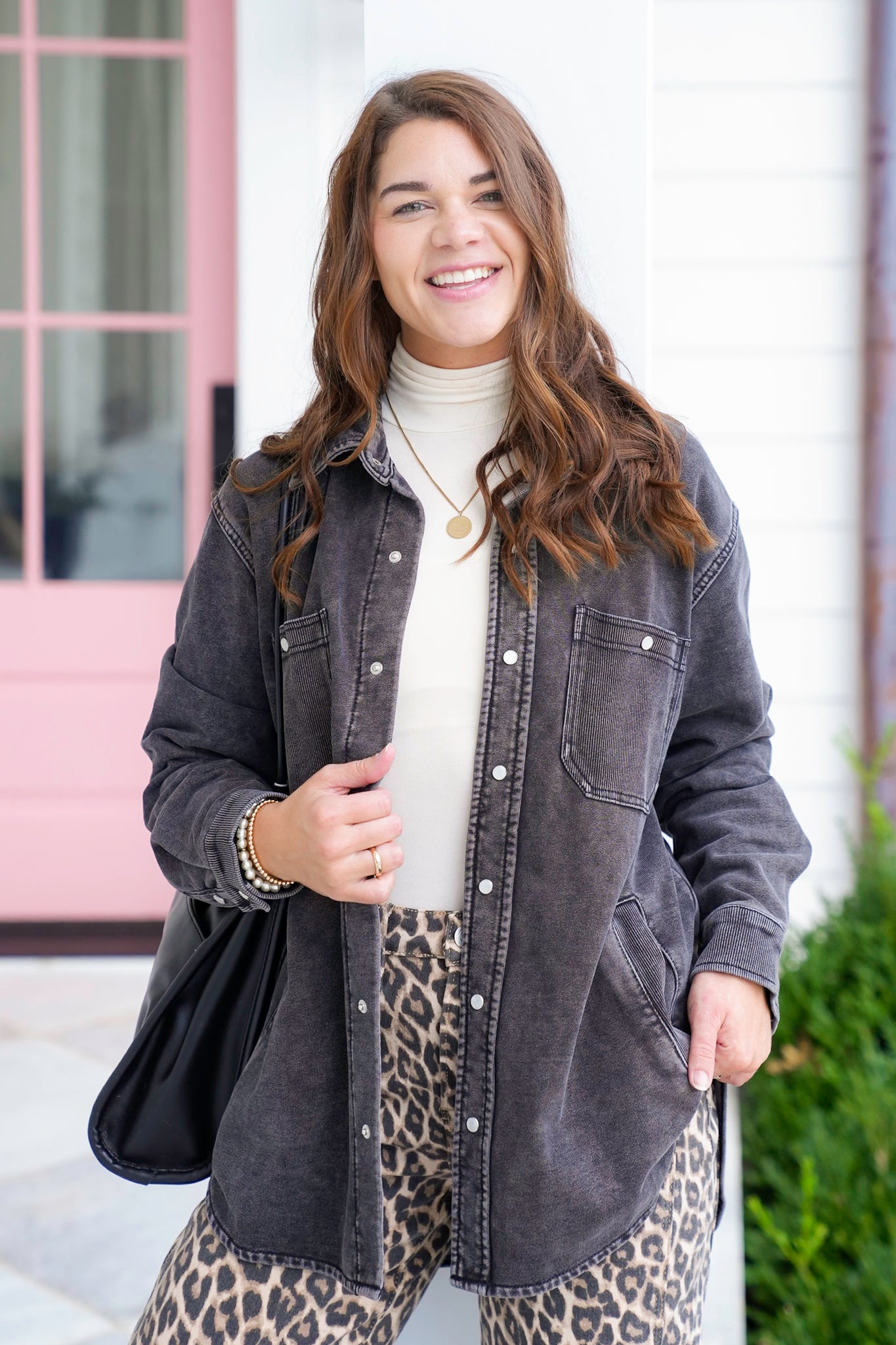 Plus/Reg Black Mineral Wash Long Sleeve Button Down Shacket