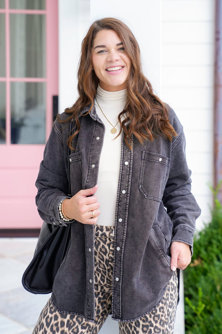 Plus/Reg Black Mineral Wash Long Sleeve Button Down Shacket