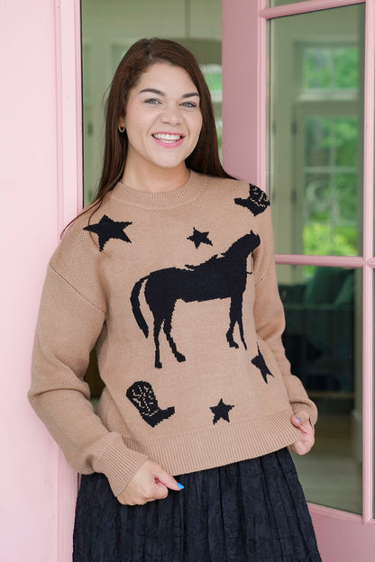 Horse Print Long Sleeve Pullover Sweater