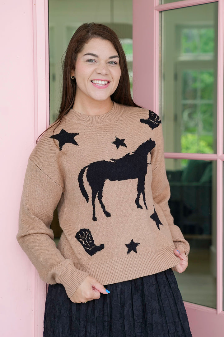 Horse Print Long Sleeve Pullover Sweater