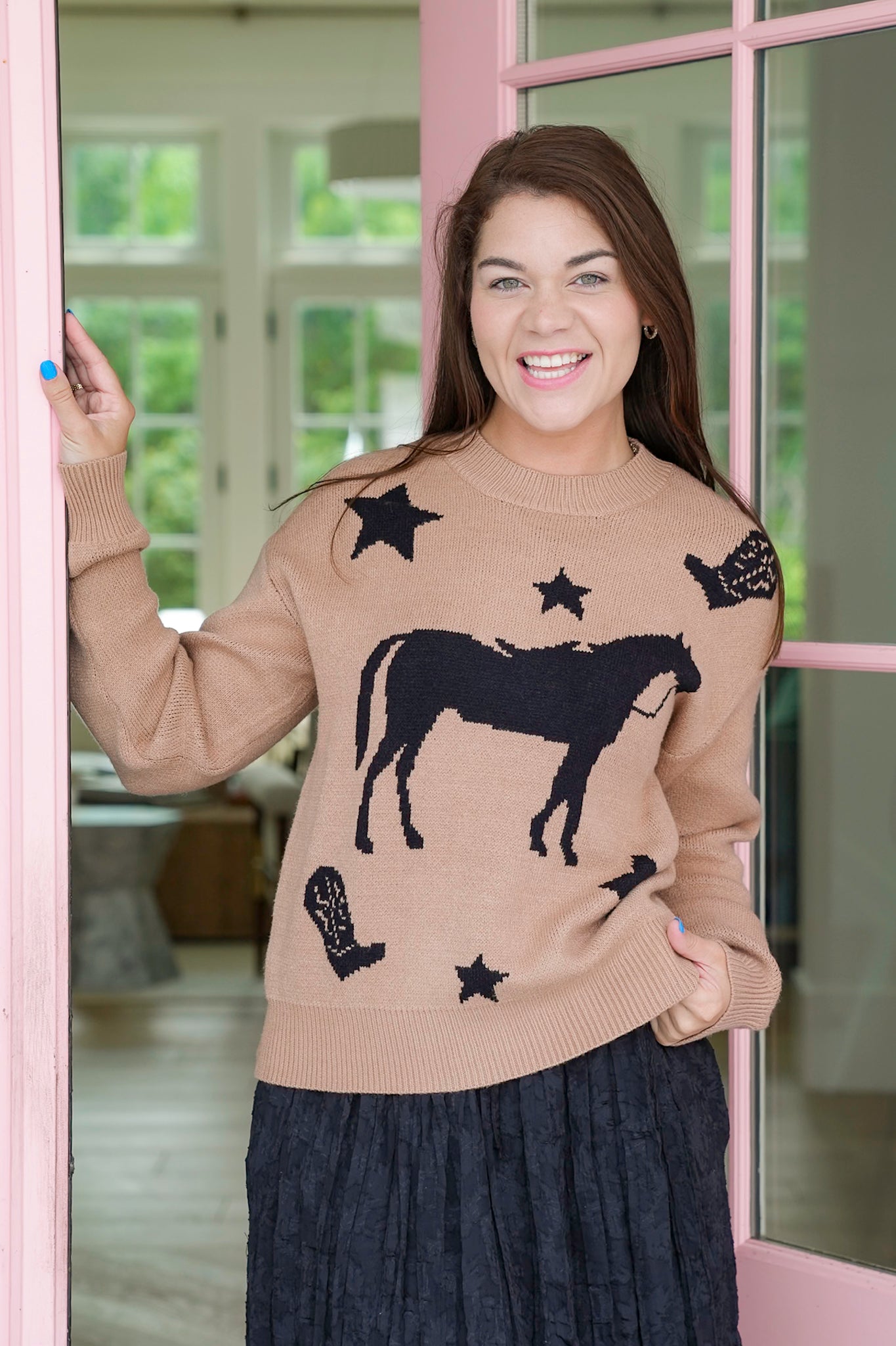 Horse Print Long Sleeve Pullover Sweater