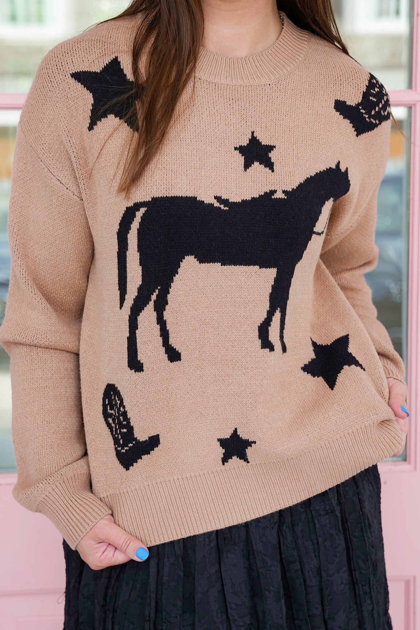Horse Print Long Sleeve Pullover Sweater