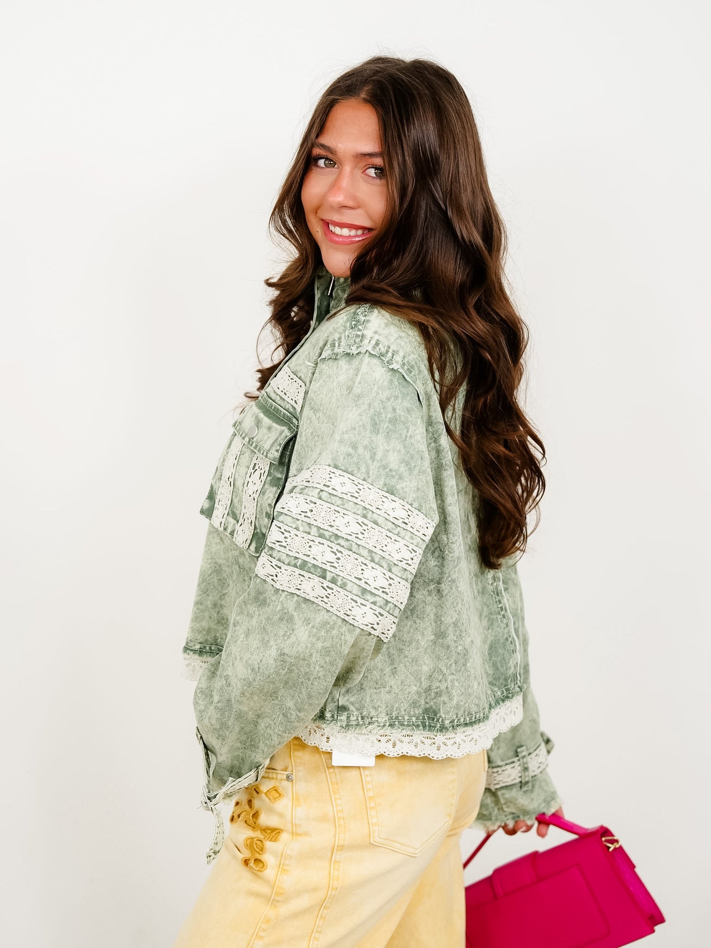 POL Mineral Wash Long Sleeve Zip Up Jacket With Lace