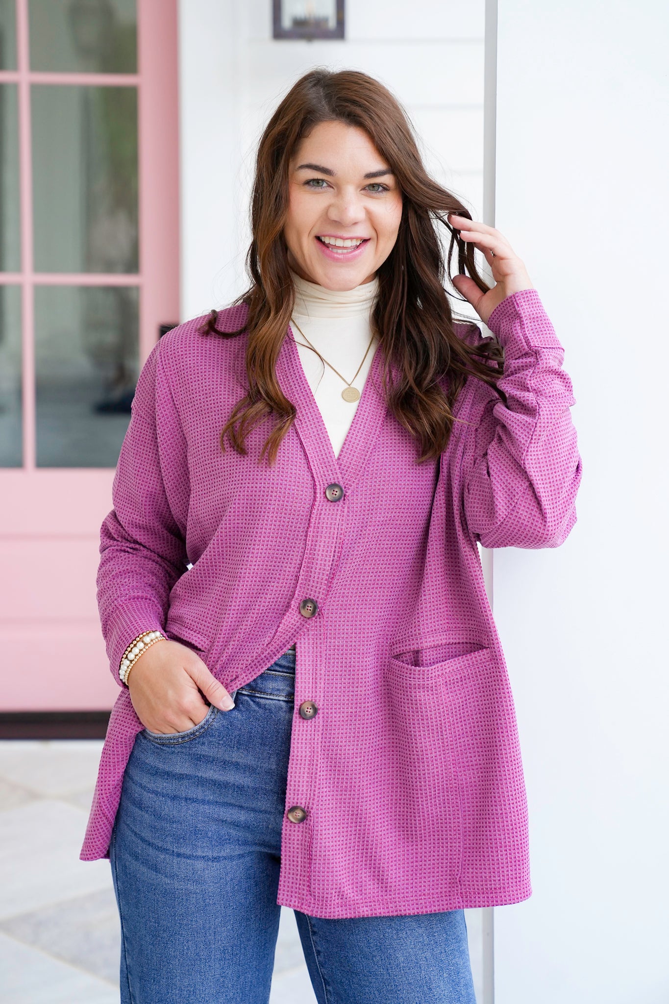 Door Buster! Plus/Reg Long Sleeve Thermal Knit Button Down Cardigan