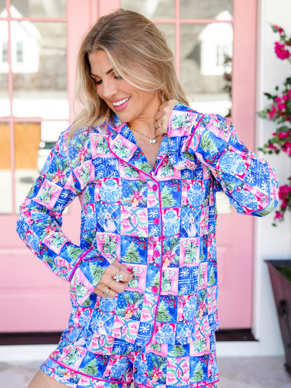 Plus/Reg Holiday Print Long Sleeve Top and Shorts Lounge Set