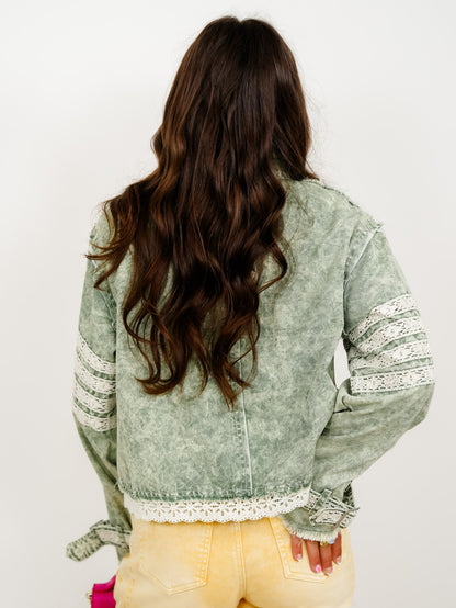 POL Mineral Wash Long Sleeve Zip Up Jacket With Lace