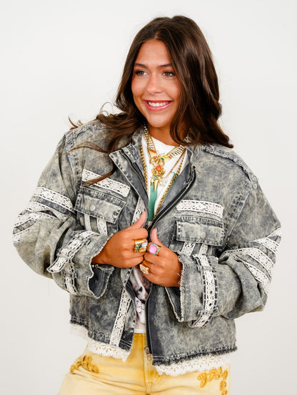 POL Mineral Wash Long Sleeve Zip Up Jacket With Lace