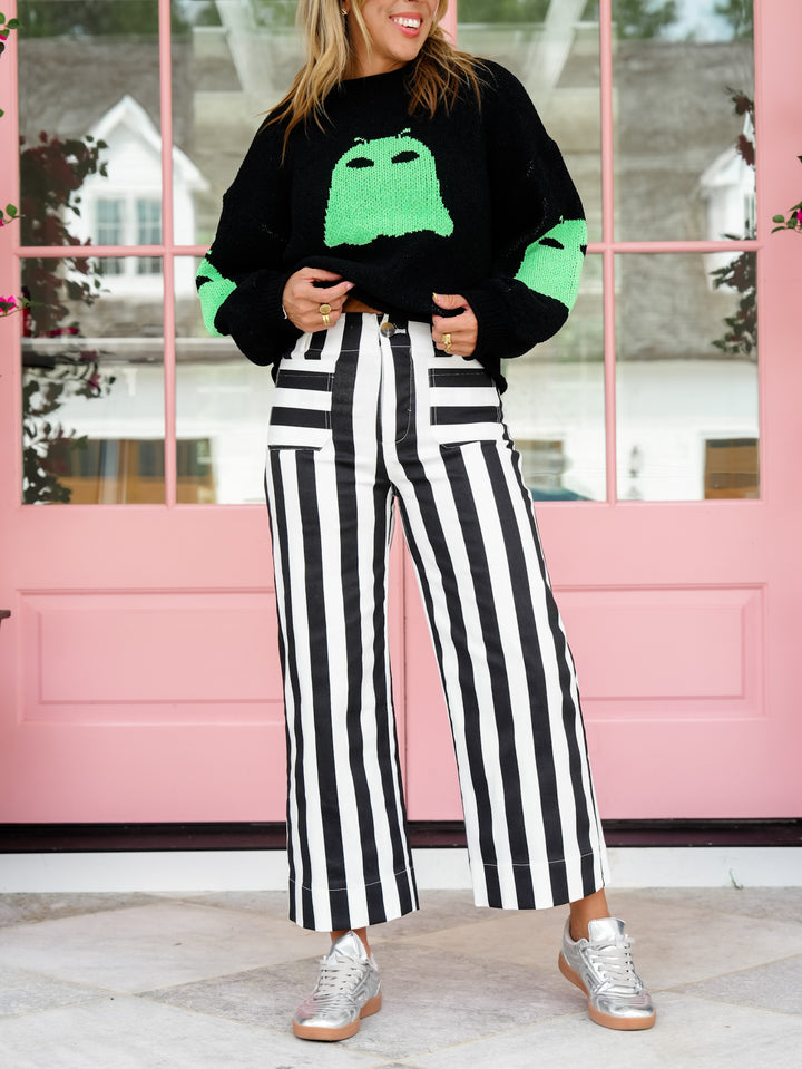 Black Stripe High Waist Cropped Pants with Patch Pockets - Freckled Poppy