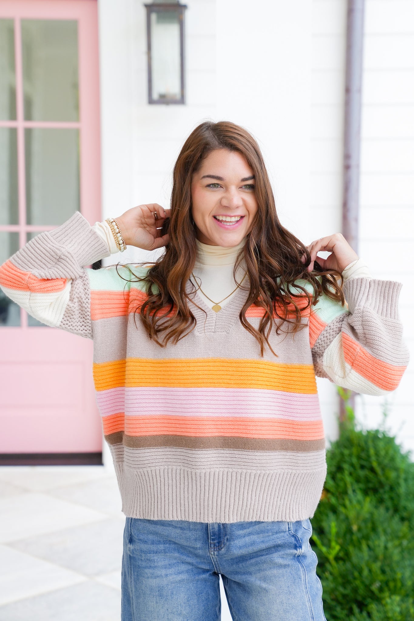 Multi Color Stripe Long Sleeve V Neck Sweater