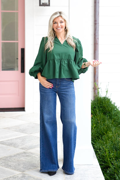 Hunter Green 3/4 Balloon Sleeve Peplum Top