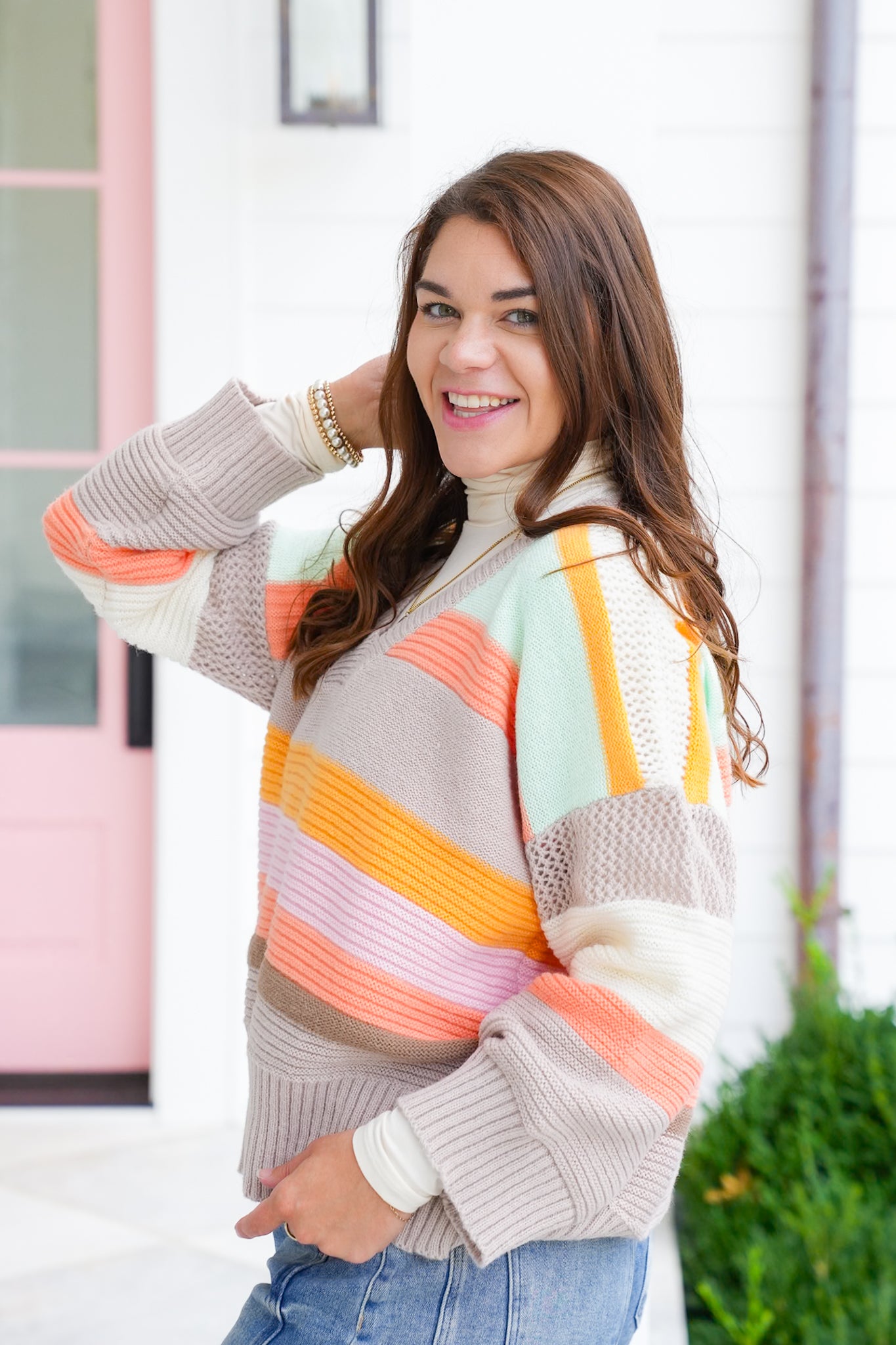 Multi Color Stripe Long Sleeve V Neck Sweater
