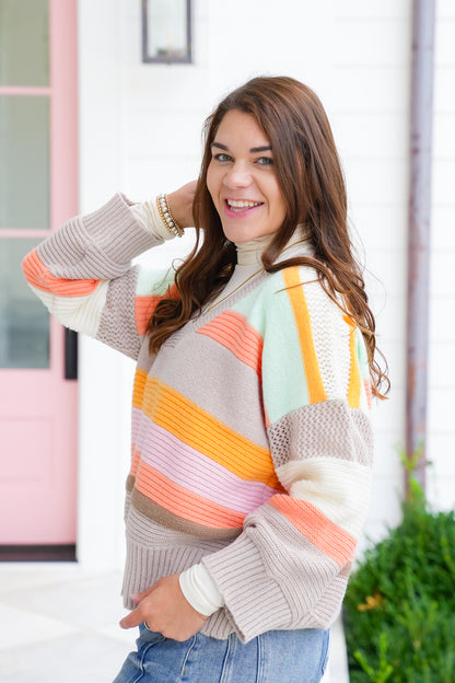 Multi Color Stripe Long Sleeve V Neck Sweater