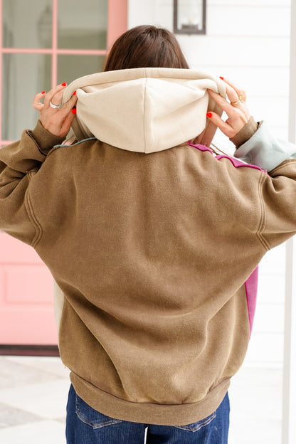 Mineral Wash Color Block Long Sleeve Zip-Up Hoodie