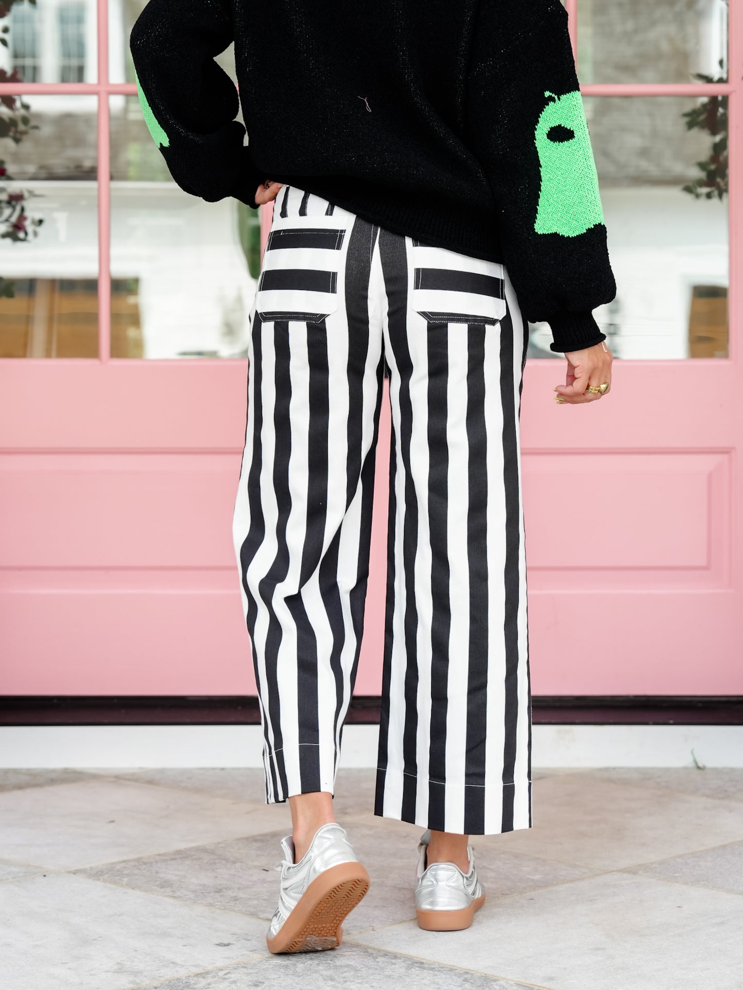 Black Stripe High Waist Cropped Pants with Patch Pockets