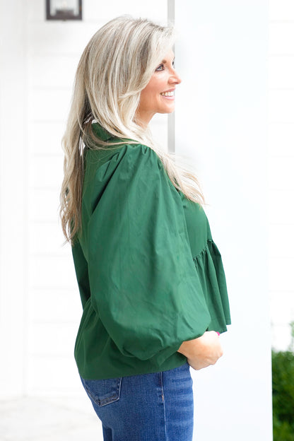 Hunter Green 3/4 Balloon Sleeve Peplum Top
