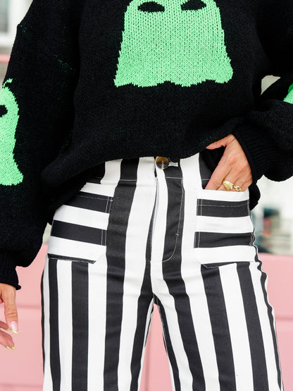 Black Stripe High Waist Cropped Pants with Patch Pockets