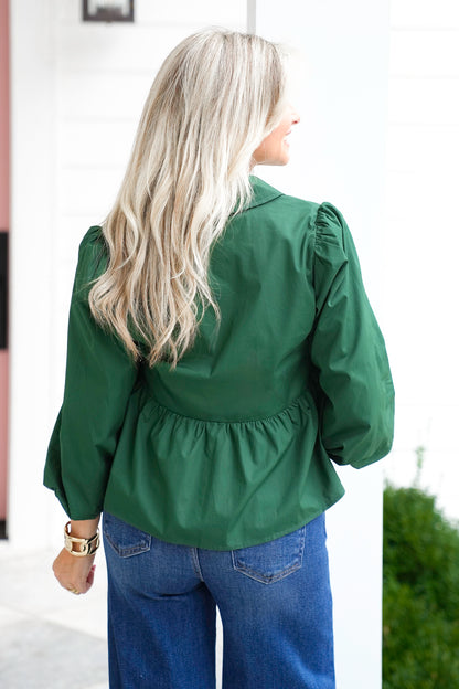 Hunter Green 3/4 Balloon Sleeve Peplum Top