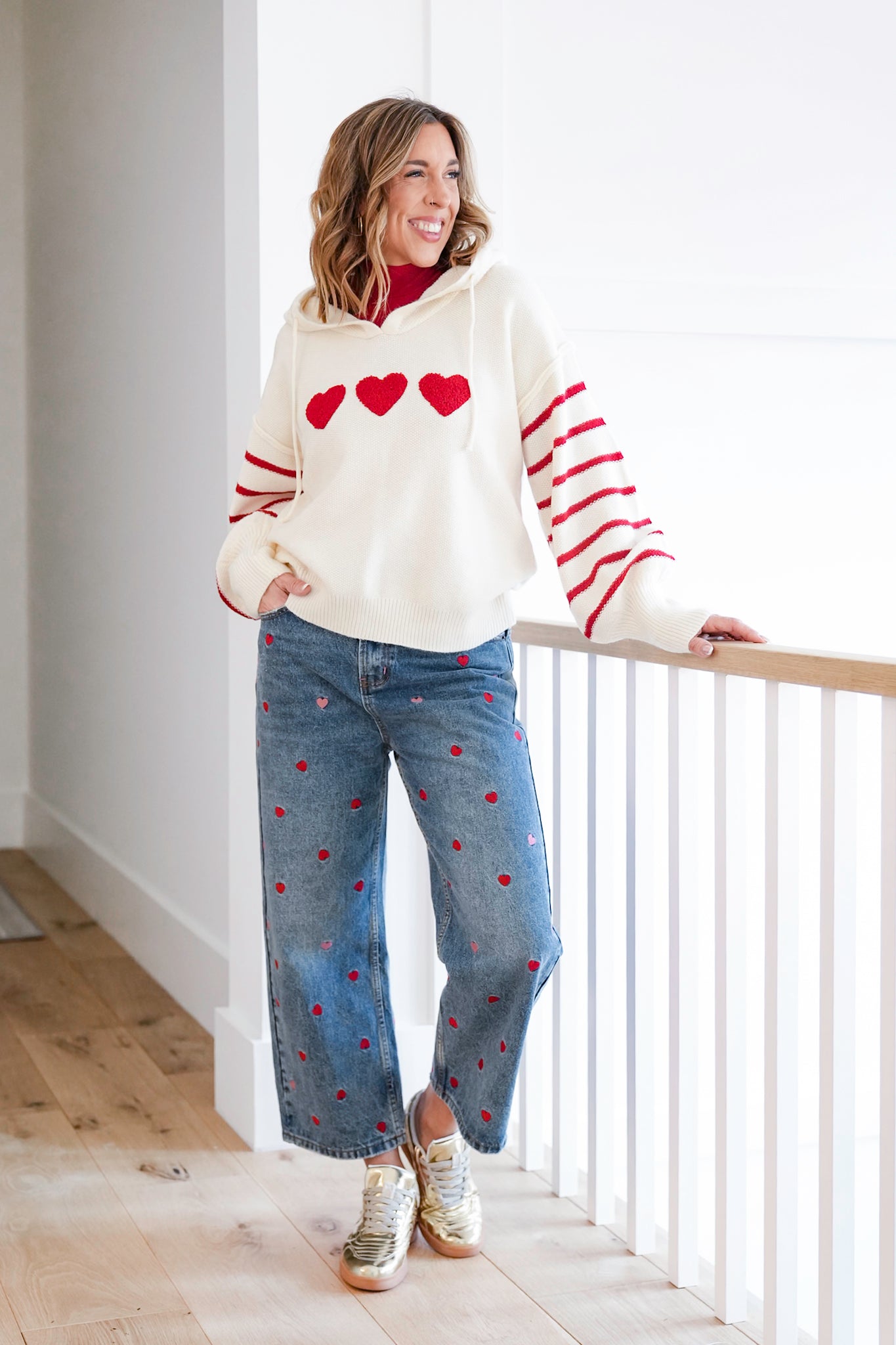 Heart Striped Pullover Hoodie Sweater