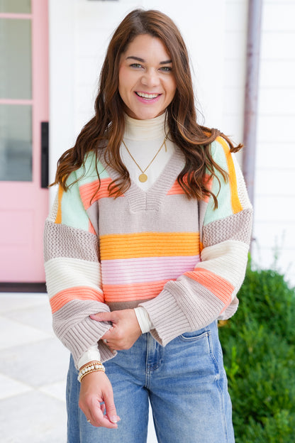 Multi Color Stripe Long Sleeve V Neck Sweater